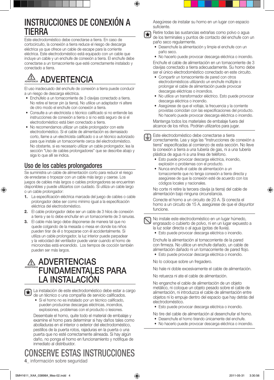 Conserve estas instrucciones, Instrucciones de conexión a tierra, Advertencia | Advertencias fundamentales para la instalación, Uso de los cables prolongadores | Samsung SMH1611B-XAA User Manual | Page 28 / 48