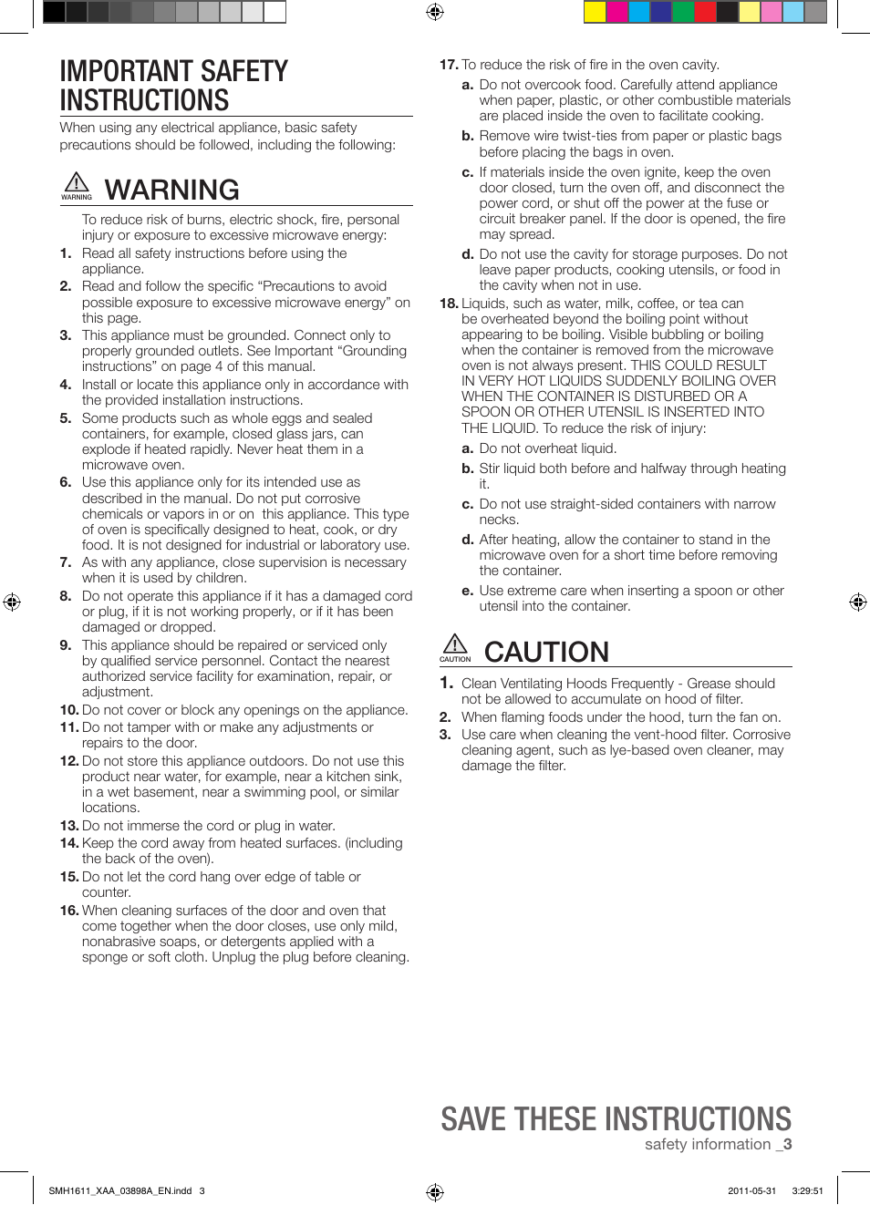 Save these instructions, Important safety instructions, Warning | Caution | Samsung SMH1611B-XAA User Manual | Page 3 / 48