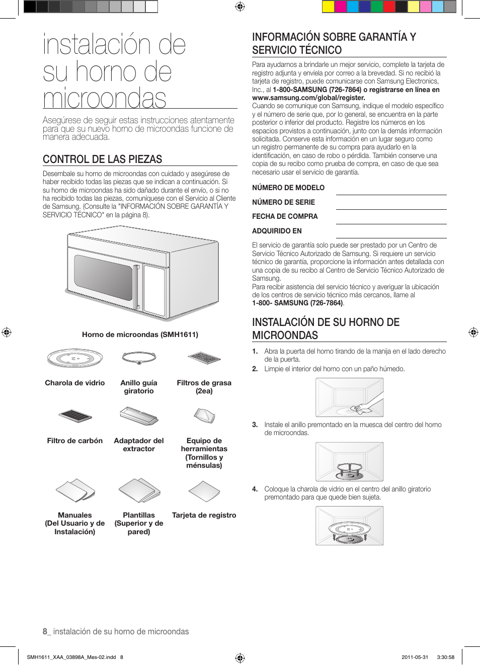 Instalación de su horno de microondas, Control de las piezas, Información sobre garantía y servicio técnico | Samsung SMH1611B-XAA User Manual | Page 32 / 48