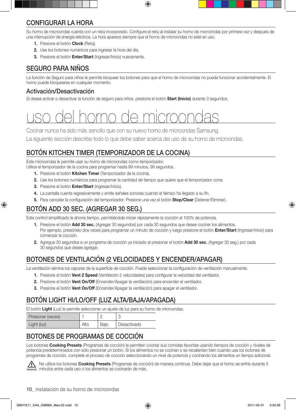 Uso del horno de microondas, Configurar la hora, Seguro para niños | Botón kitchen timer (temporizador de la cocina), Botón add 30 sec. (agregar 30 seg.), Botón light hi/lo/off (luz alta/baja/apagada), Botones de programas de cocción, Activación/desactivación | Samsung SMH1611B-XAA User Manual | Page 34 / 48