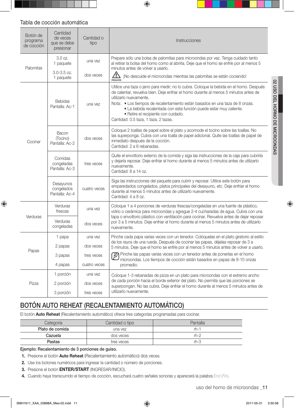Botón auto reheat (recalentamiento automático), Tabla de cocción automática | Samsung SMH1611B-XAA User Manual | Page 35 / 48