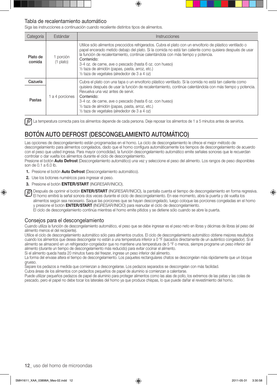 Botón auto defrost (descongelamiento automático), Tabla de recalentamiento automático, Consejos para el descongelamiento | Samsung SMH1611B-XAA User Manual | Page 36 / 48