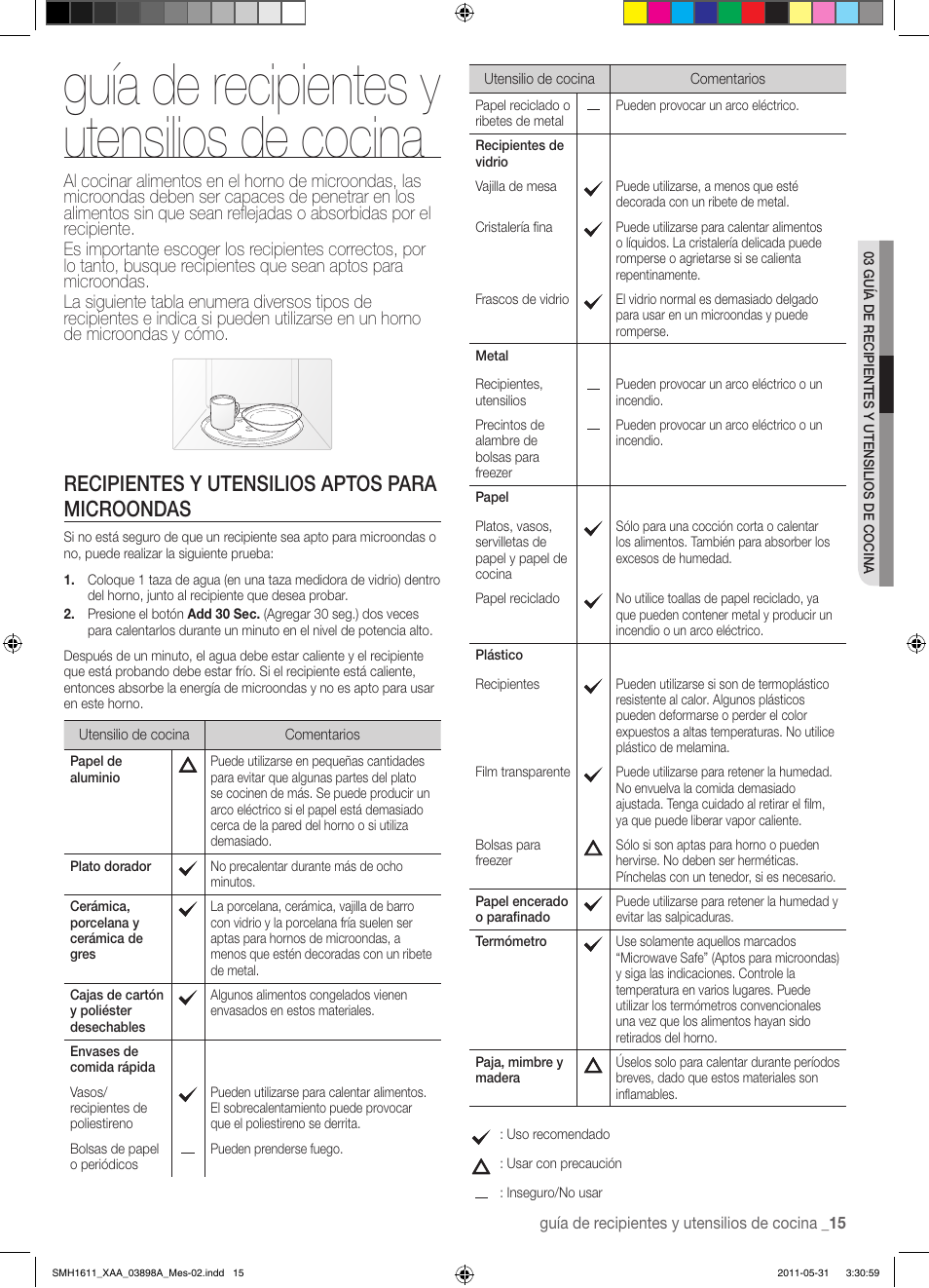 Guía de recipientes y utensilios de cocina, Recipientes y utensilios aptos para microondas | Samsung SMH1611B-XAA User Manual | Page 39 / 48