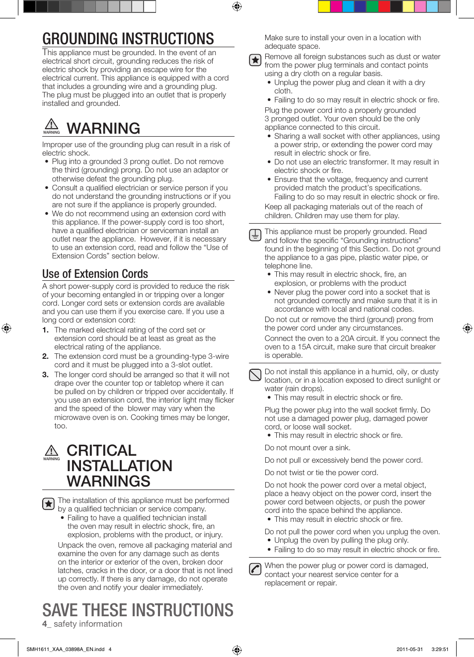 Save these instructions, Grounding instructions, Warning | Critical installation warnings, Use of extension cords | Samsung SMH1611B-XAA User Manual | Page 4 / 48
