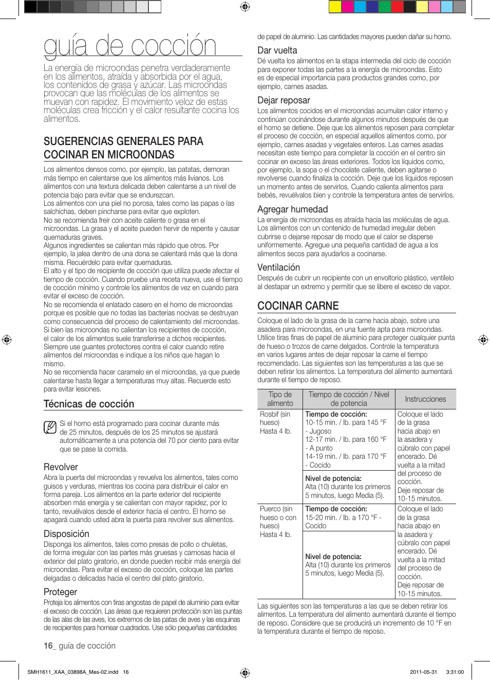 Guía de cocción, Sugerencias generales para cocinar en microondas, Cocinar carne | Técnicas de cocción, Revolver, Disposición, Proteger, Dar vuelta, Dejar reposar, Agregar humedad | Samsung SMH1611B-XAA User Manual | Page 40 / 48