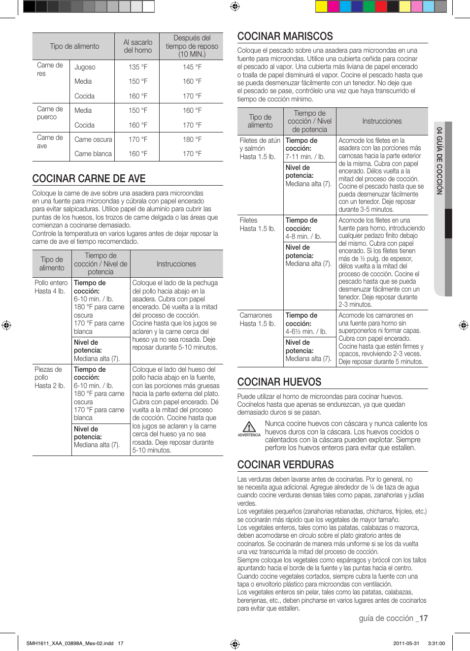 Cocinar carne de ave, Cocinar mariscos, Cocinar huevos | Cocinar verduras | Samsung SMH1611B-XAA User Manual | Page 41 / 48