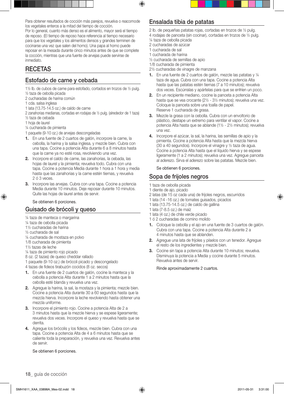 Recetas, Estofado de carne y cebada, Guisado de brócoli y queso | Ensalada tibia de patatas, Sopa de frijoles negros | Samsung SMH1611B-XAA User Manual | Page 42 / 48