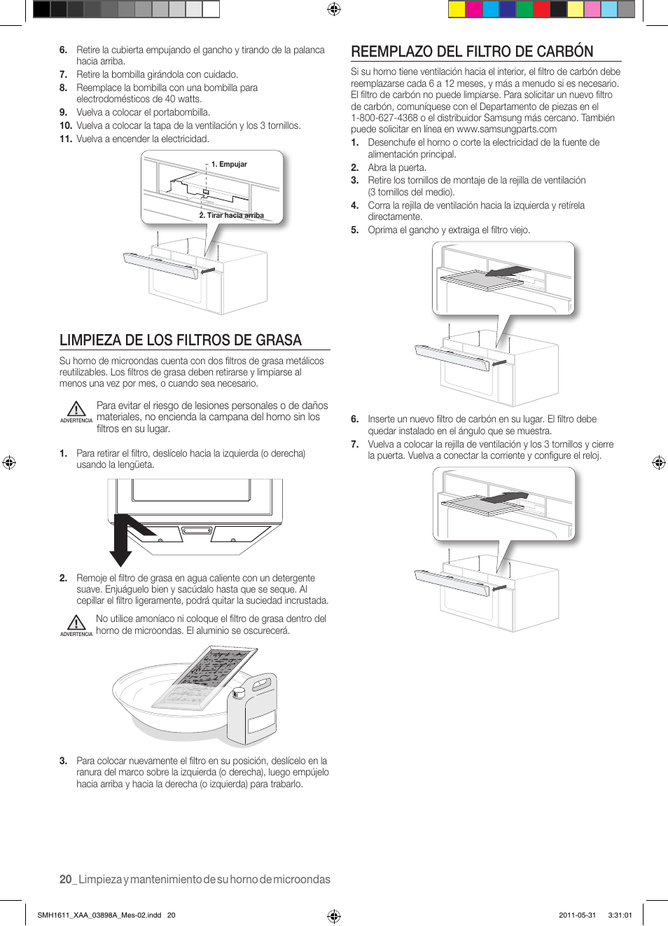 Limpieza de los filtros de grasa, Reemplazo del filtro de carbón | Samsung SMH1611B-XAA User Manual | Page 44 / 48