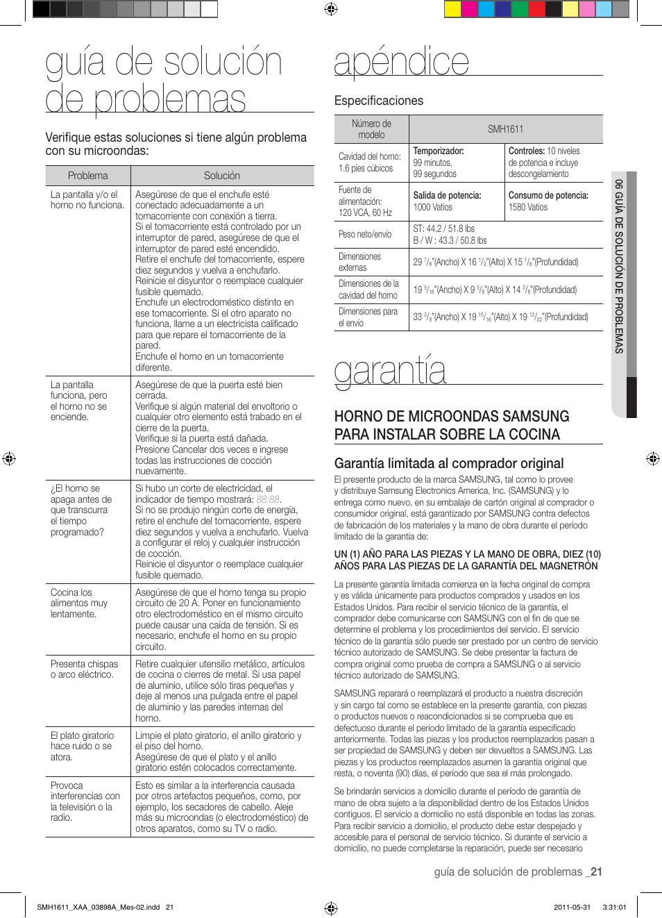 Guía de solución de problemas, Apéndice, Garantía | Garantía limitada al comprador original, Especificaciones | Samsung SMH1611B-XAA User Manual | Page 45 / 48