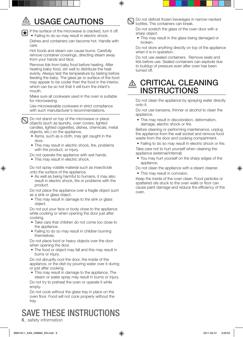 Save these instructions, Usage cautions, Critical cleaning instructions | Samsung SMH1611B-XAA User Manual | Page 6 / 48