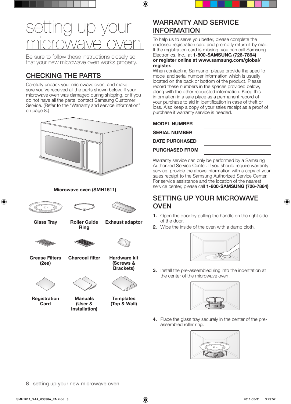 Setting up your microwave oven, Checking the parts, Warranty and service information | Samsung SMH1611B-XAA User Manual | Page 8 / 48