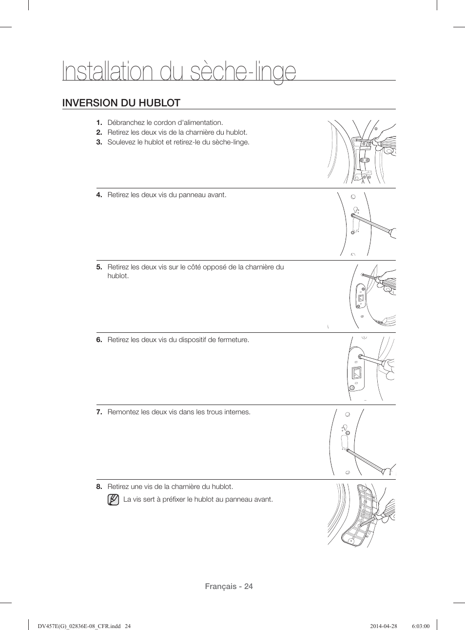 Installation du sèche-linge, Inversion du hublot | Samsung DV457GVGSGR-AA User Manual | Page 100 / 228