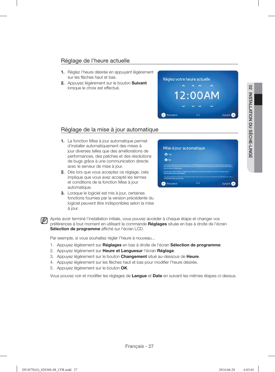 Réglage de l'heure actuelle, Réglage de la mise à jour automatique | Samsung DV457GVGSGR-AA User Manual | Page 103 / 228