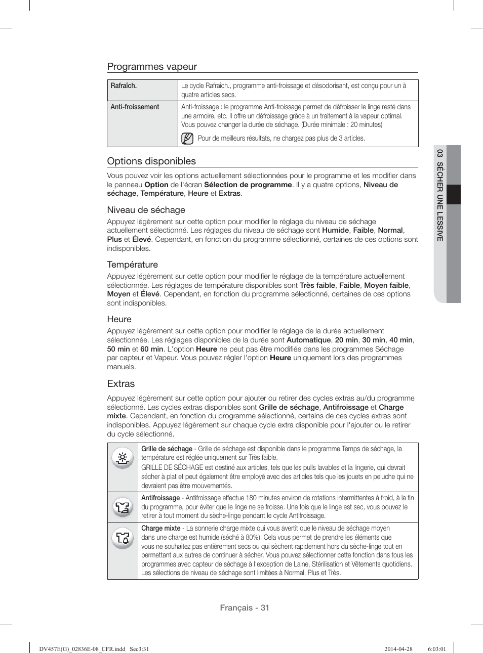 Programmes vapeur, Options disponibles, Extras | Samsung DV457GVGSGR-AA User Manual | Page 107 / 228
