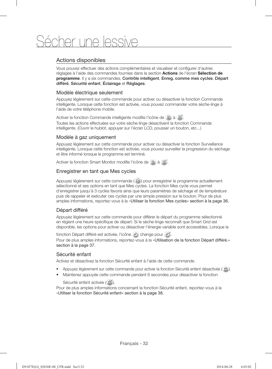 Sécher une lessive, Actions disponibles | Samsung DV457GVGSGR-AA User Manual | Page 108 / 228