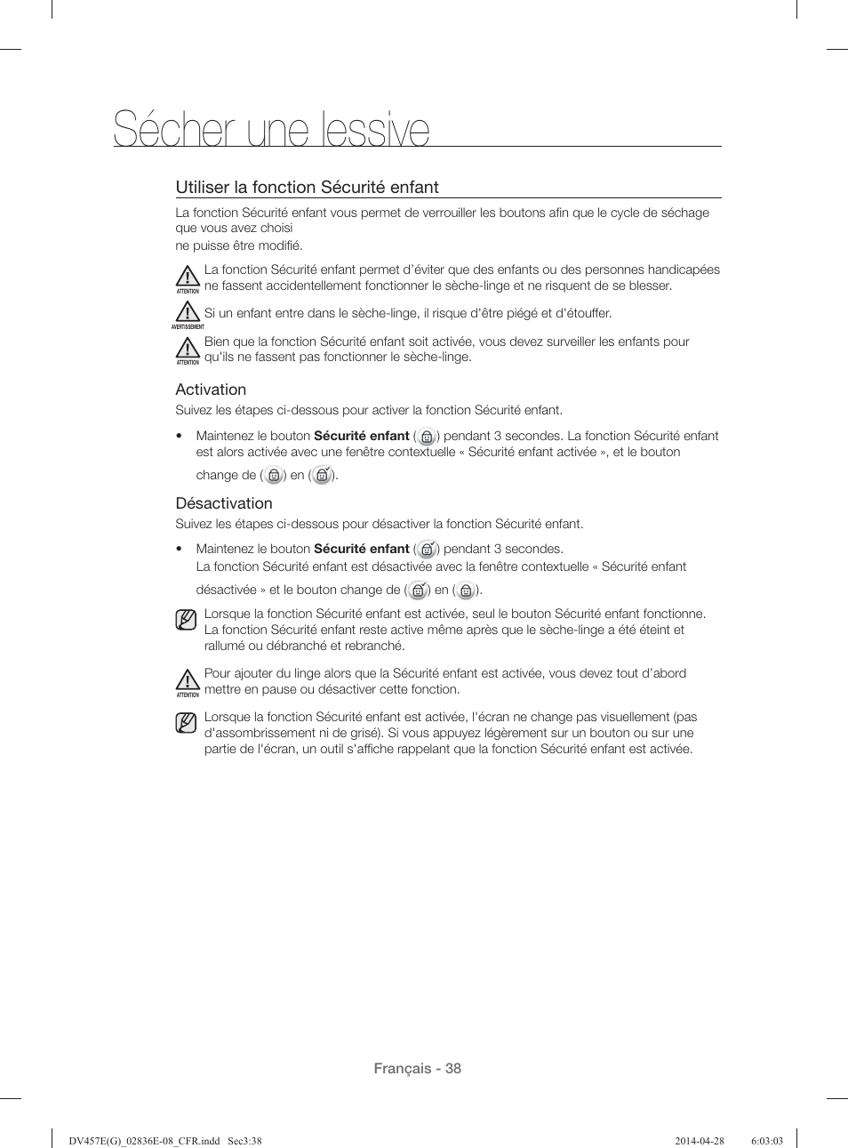 Sécher une lessive, Utiliser la fonction sécurité enfant | Samsung DV457GVGSGR-AA User Manual | Page 114 / 228