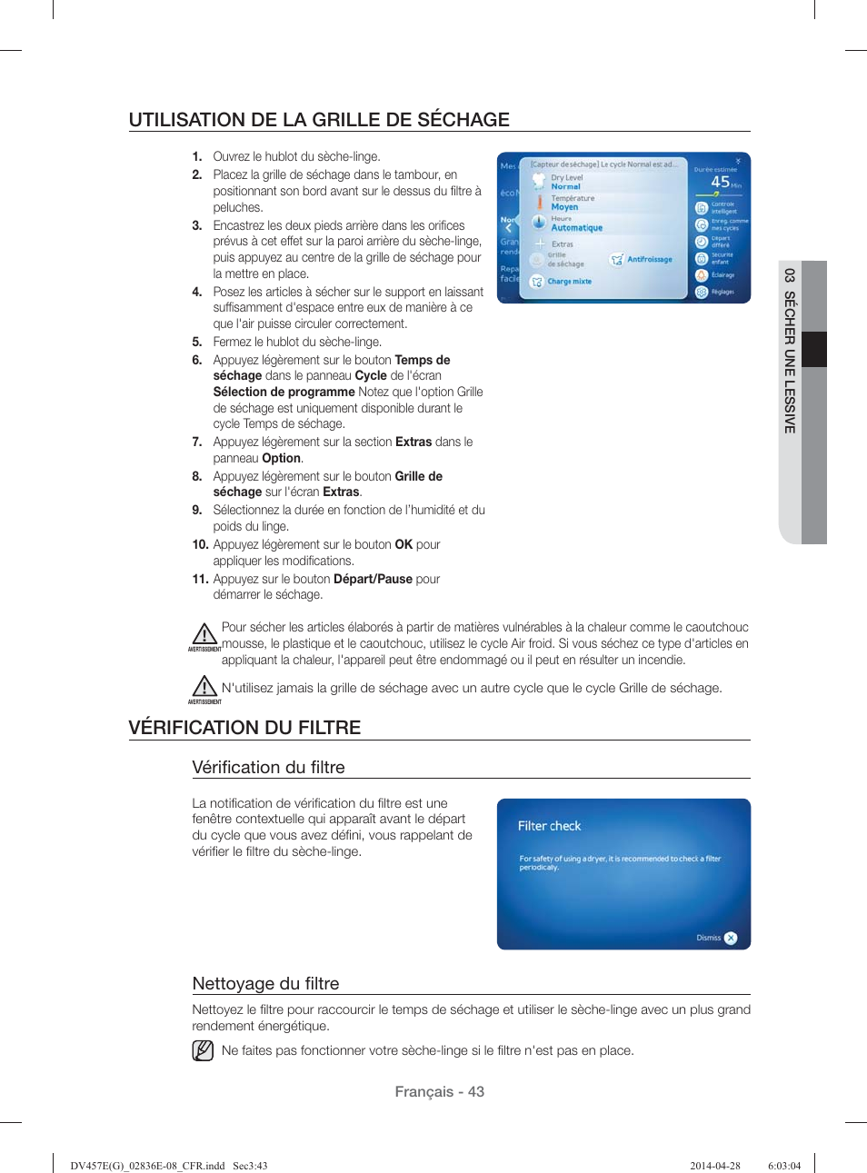 Utilisation de la grille de séchage, Vérification du filtre, Vériﬁ cation du ﬁ ltre | Nettoyage du ﬁ ltre | Samsung DV457GVGSGR-AA User Manual | Page 119 / 228