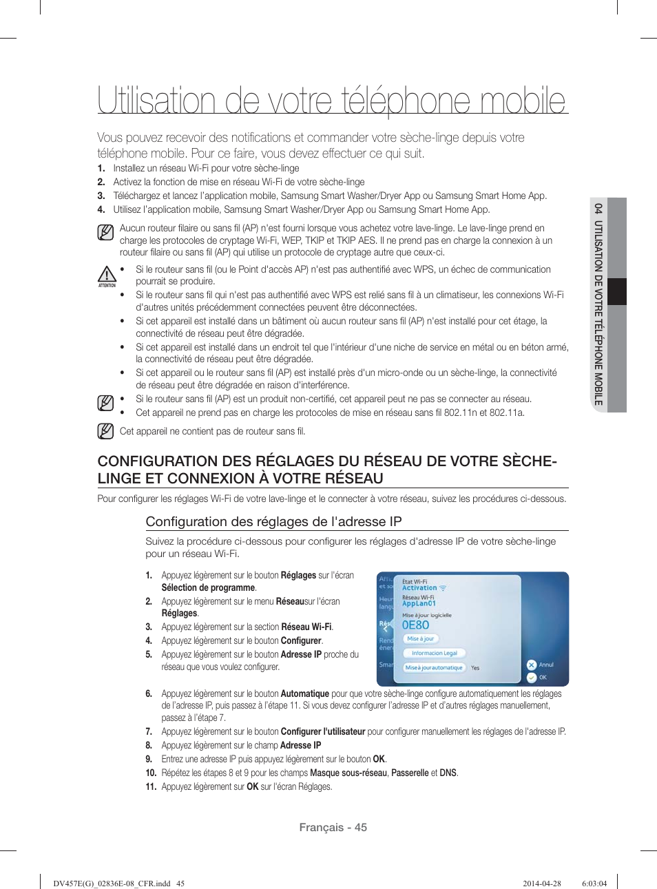 Utilisation de votre téléphone mobile, Conﬁ guration des réglages de l'adresse ip | Samsung DV457GVGSGR-AA User Manual | Page 121 / 228