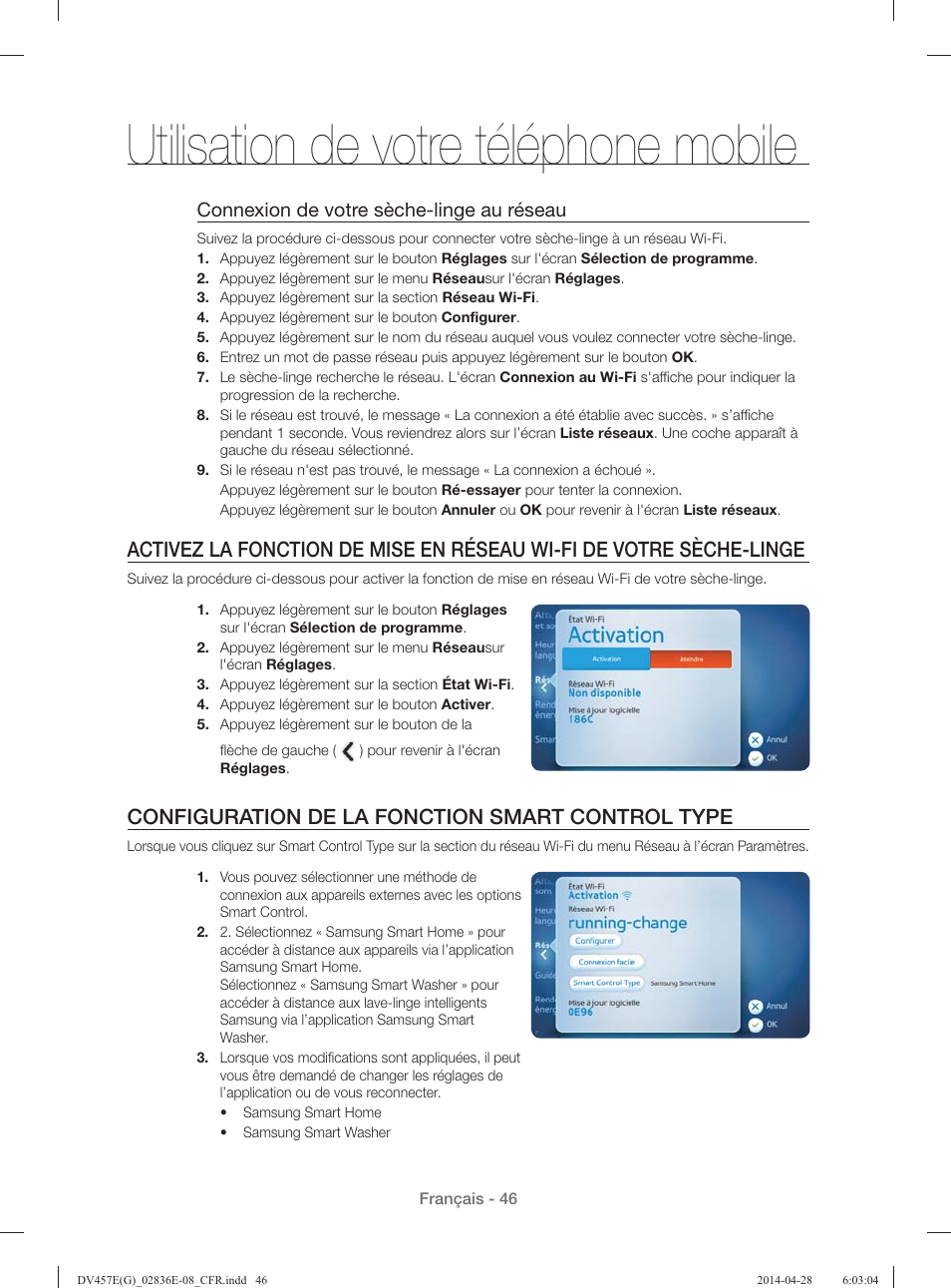Utilisation de votre téléphone mobile, Configuration de la fonction smart control type, Connexion de votre sèche-linge au réseau | Samsung DV457GVGSGR-AA User Manual | Page 122 / 228