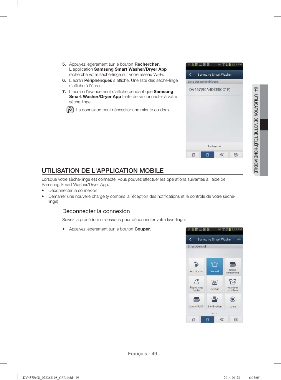Utilisation de l'application mobile, Déconnecter la connexion | Samsung DV457GVGSGR-AA User Manual | Page 125 / 228