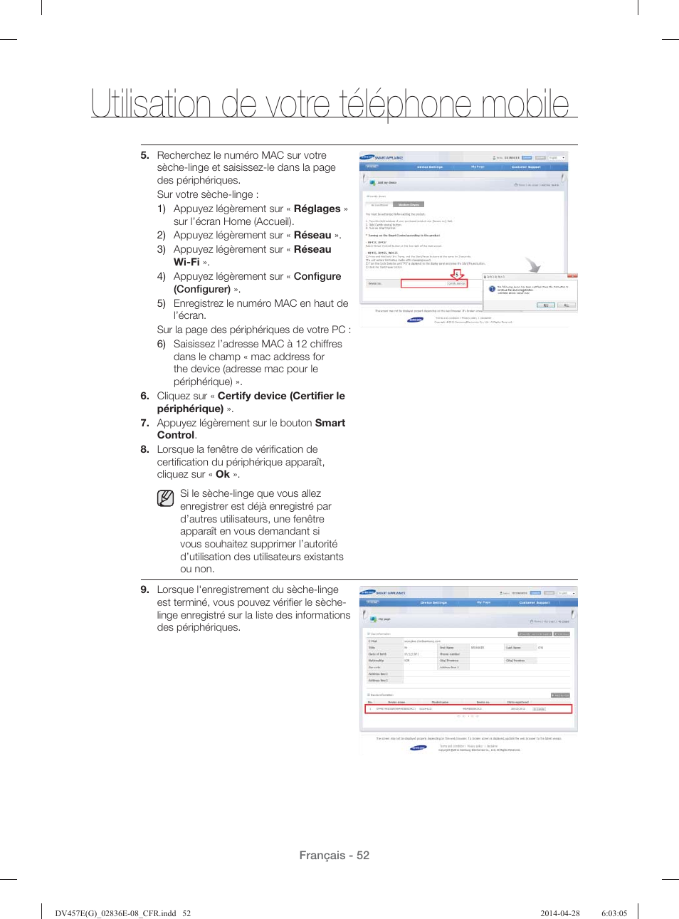 Utilisation de votre téléphone mobile | Samsung DV457GVGSGR-AA User Manual | Page 128 / 228