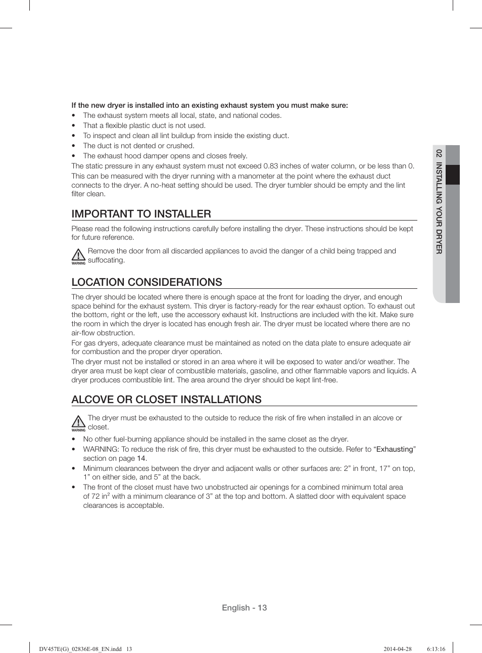 Important to installer, Location considerations, Alcove or closet installations | Samsung DV457GVGSGR-AA User Manual | Page 13 / 228