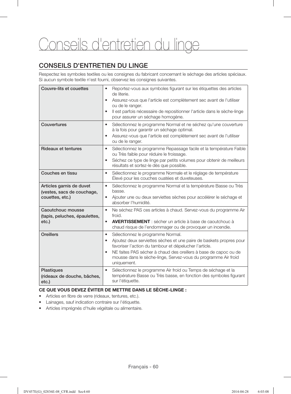 Conseils d'entretien du linge | Samsung DV457GVGSGR-AA User Manual | Page 136 / 228