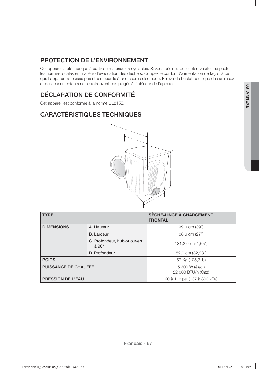 Protection de l’environnement, Déclaration de conformité, Caractéristiques techniques | Samsung DV457GVGSGR-AA User Manual | Page 143 / 228