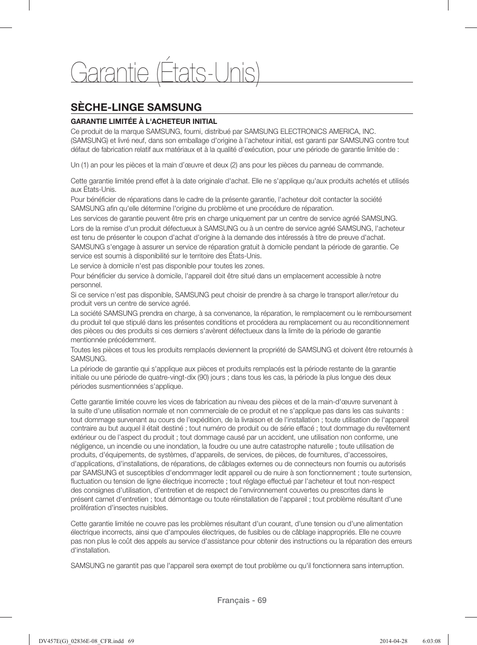 Garantie (états-unis), Sèche-linge samsung | Samsung DV457GVGSGR-AA User Manual | Page 145 / 228