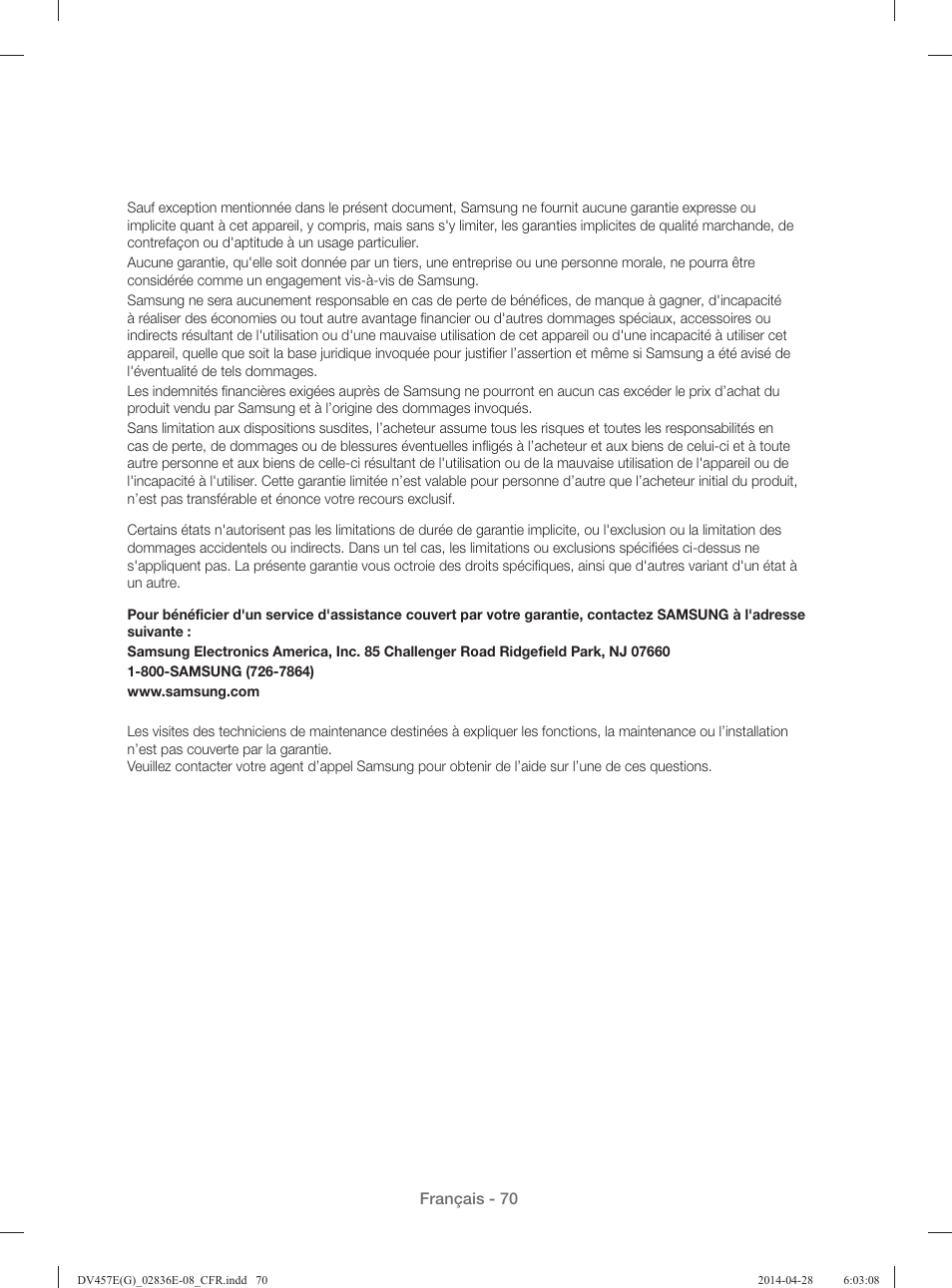 Français - 70 | Samsung DV457GVGSGR-AA User Manual | Page 146 / 228