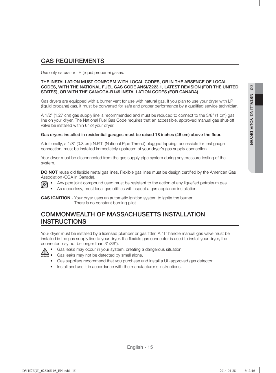 Gas requirements | Samsung DV457GVGSGR-AA User Manual | Page 15 / 228