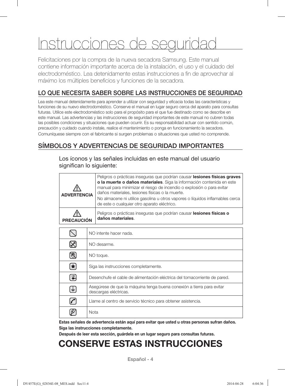 Instrucciones de seguridad, Conserve estas instrucciones, Símbolos y advertencias de seguridad importantes | Samsung DV457GVGSGR-AA User Manual | Page 156 / 228