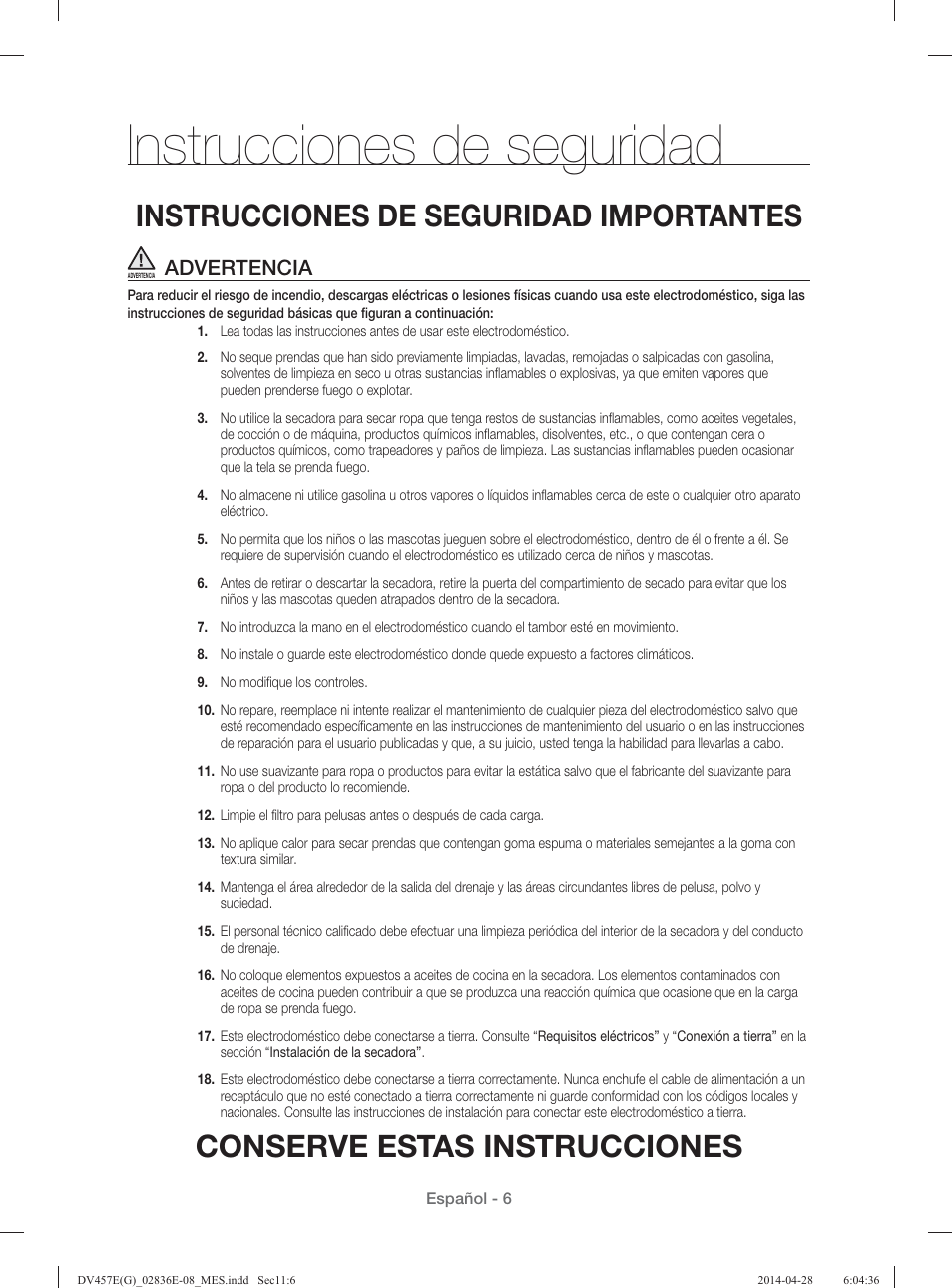 Instrucciones de seguridad, Conserve estas instrucciones, Instrucciones de seguridad importantes | Advertencia | Samsung DV457GVGSGR-AA User Manual | Page 158 / 228