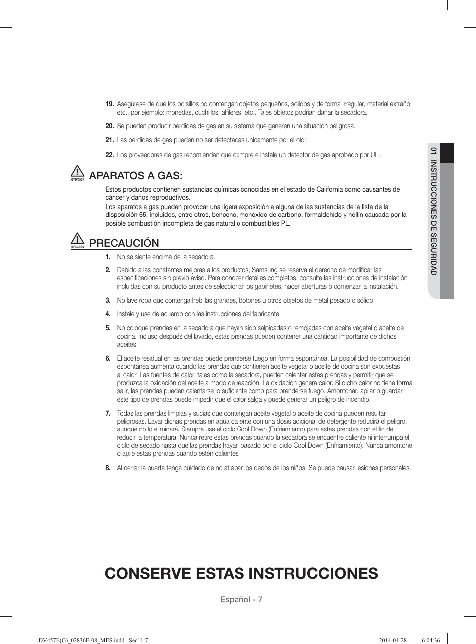 Conserve estas instrucciones, Aparatos a gas, Precaución | Samsung DV457GVGSGR-AA User Manual | Page 159 / 228