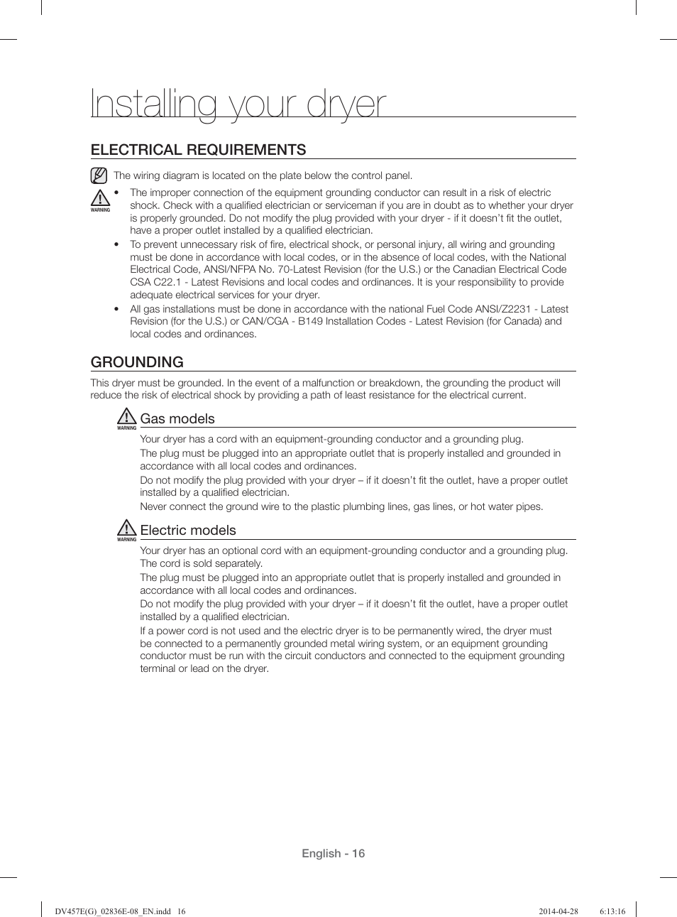 Installing your dryer, Electrical requirements, Grounding | Gas models, Electric models | Samsung DV457GVGSGR-AA User Manual | Page 16 / 228
