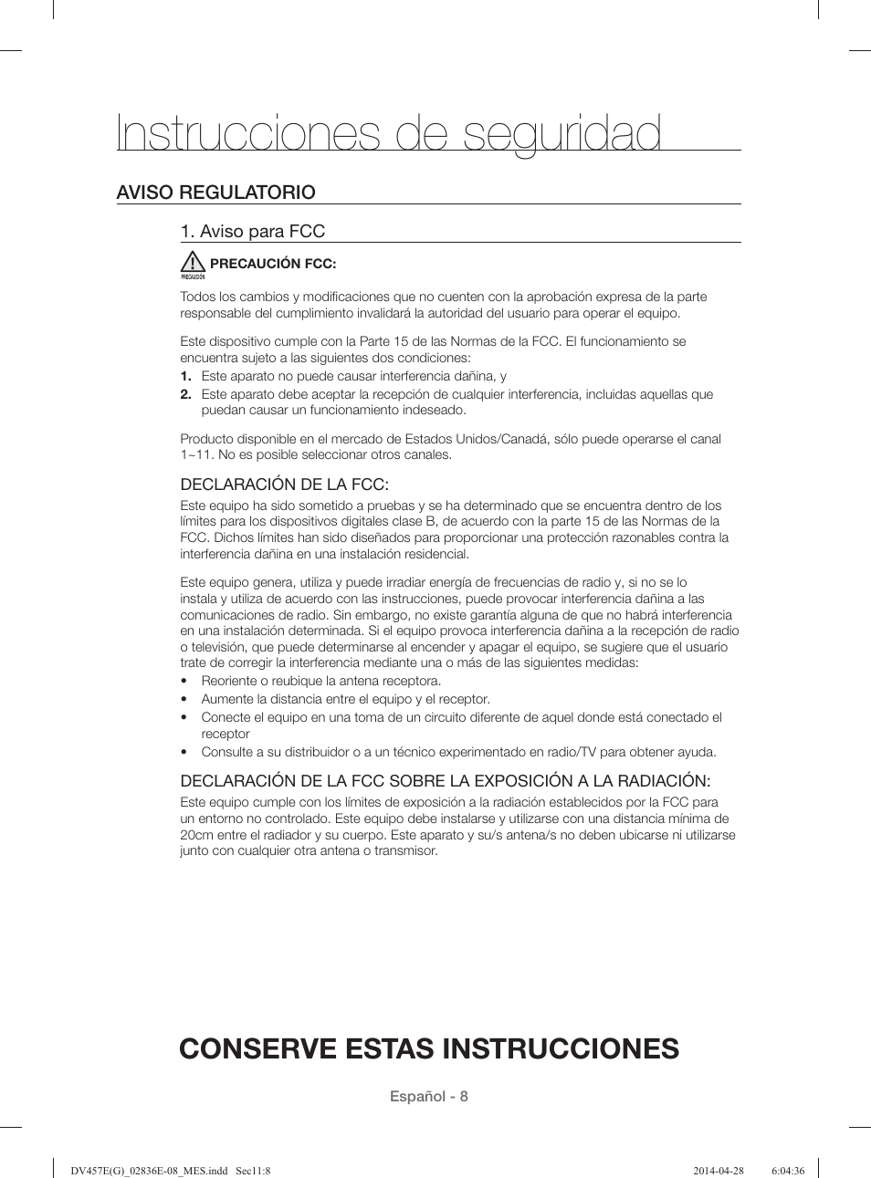 Instrucciones de seguridad, Conserve estas instrucciones, Aviso regulatorio | Samsung DV457GVGSGR-AA User Manual | Page 160 / 228