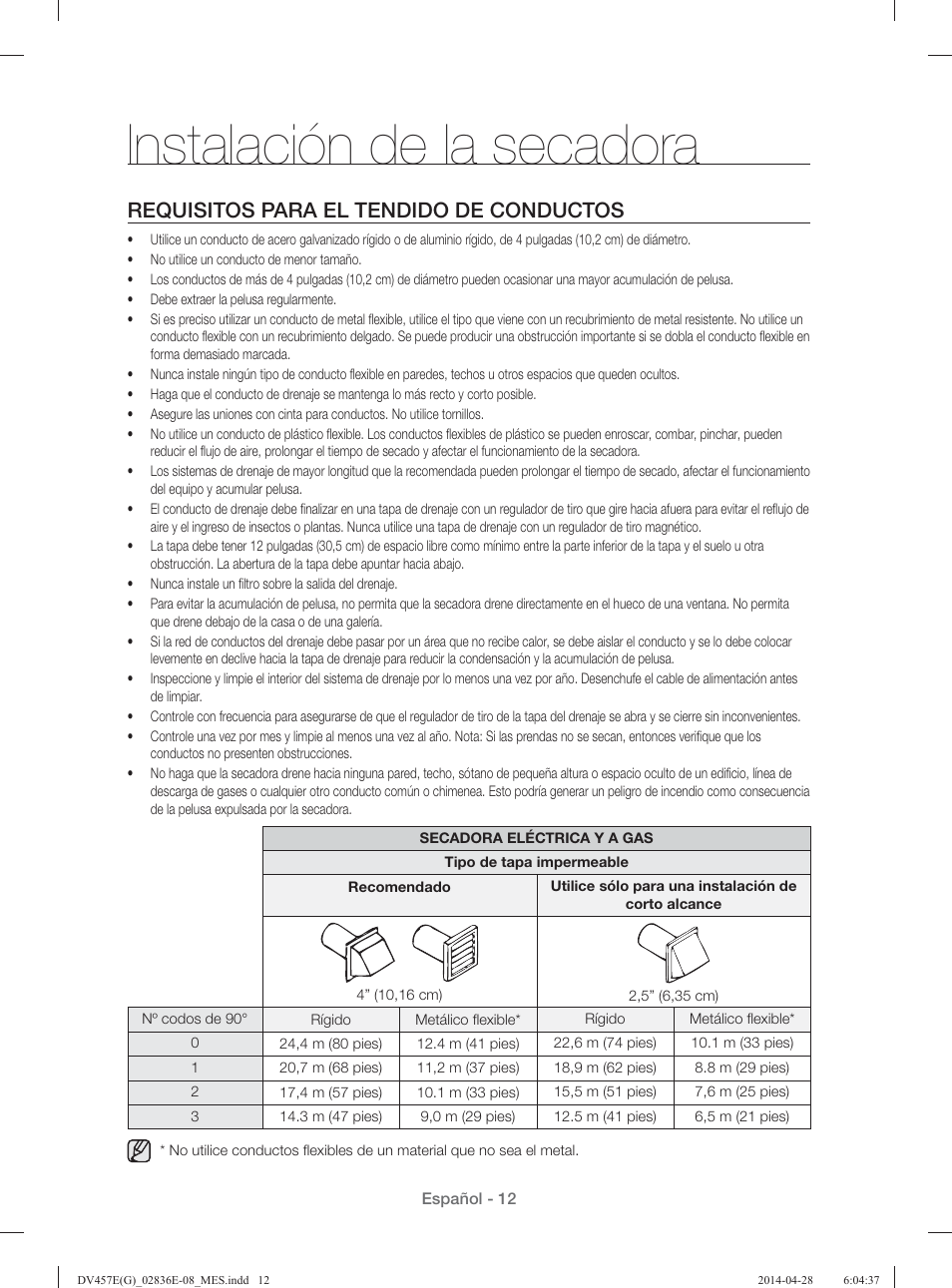 Instalación de la secadora, Requisitos para el tendido de conductos | Samsung DV457GVGSGR-AA User Manual | Page 164 / 228