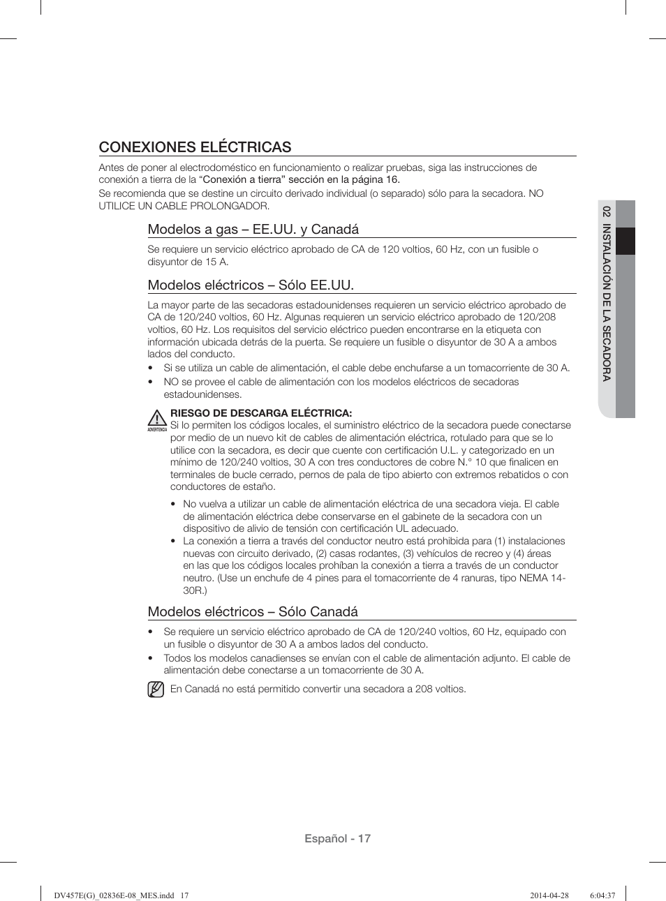 Conexiones eléctricas, Modelos a gas – ee.uu. y canadá, Modelos eléctricos – sólo ee.uu | Modelos eléctricos – sólo canadá | Samsung DV457GVGSGR-AA User Manual | Page 169 / 228