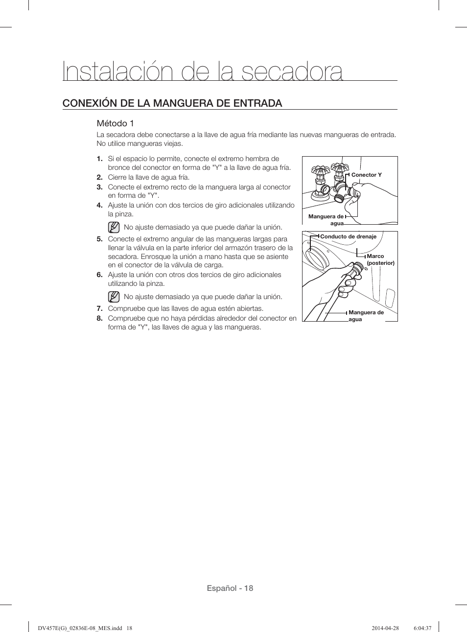Instalación de la secadora, Conexión de la manguera de entrada | Samsung DV457GVGSGR-AA User Manual | Page 170 / 228