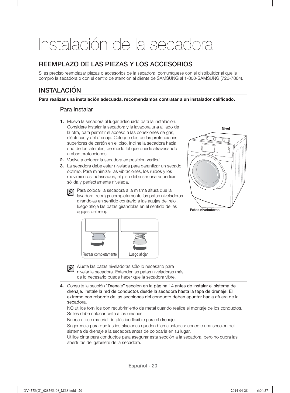 Instalación de la secadora, Reemplazo de las piezas y los accesorios, Instalación | Para instalar | Samsung DV457GVGSGR-AA User Manual | Page 172 / 228