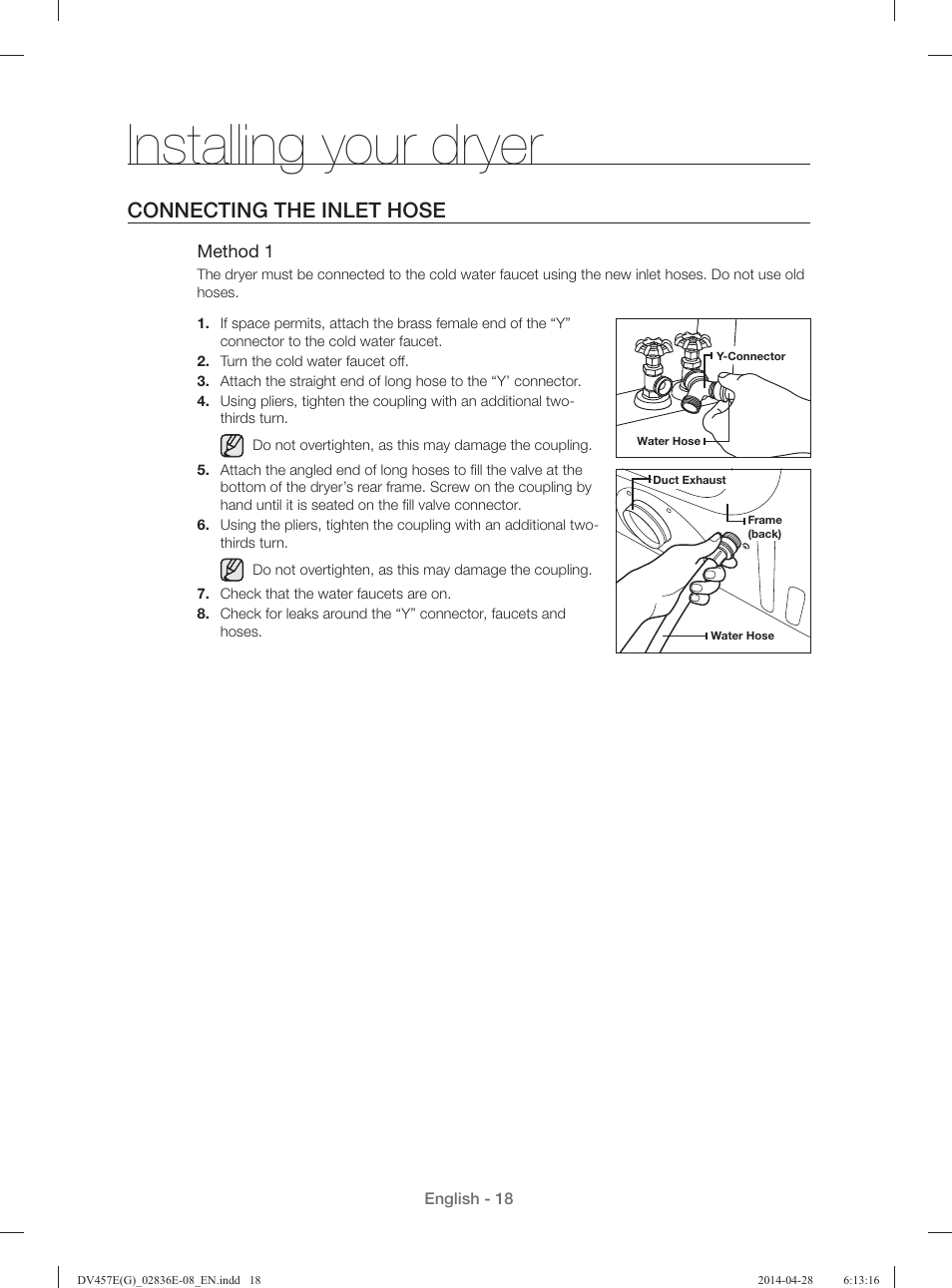 Installing your dryer, Connecting the inlet hose | Samsung DV457GVGSGR-AA User Manual | Page 18 / 228