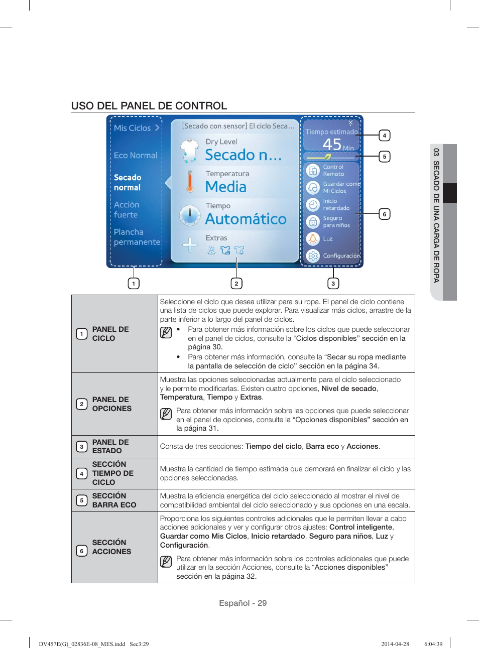 Uso del panel de control | Samsung DV457GVGSGR-AA User Manual | Page 181 / 228