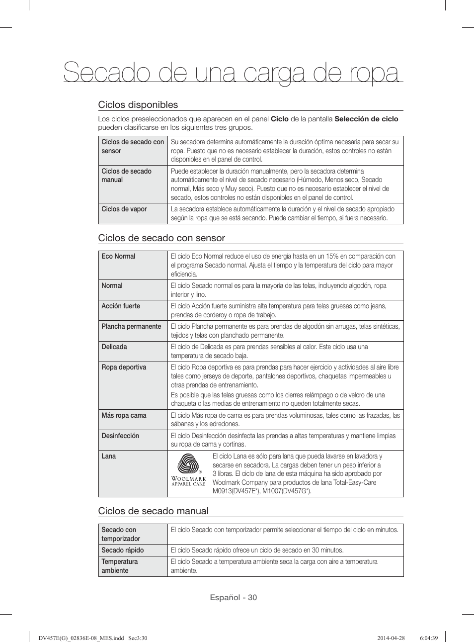 Secado de una carga de ropa, Ciclos disponibles, Ciclos de secado con sensor | Ciclos de secado manual | Samsung DV457GVGSGR-AA User Manual | Page 182 / 228