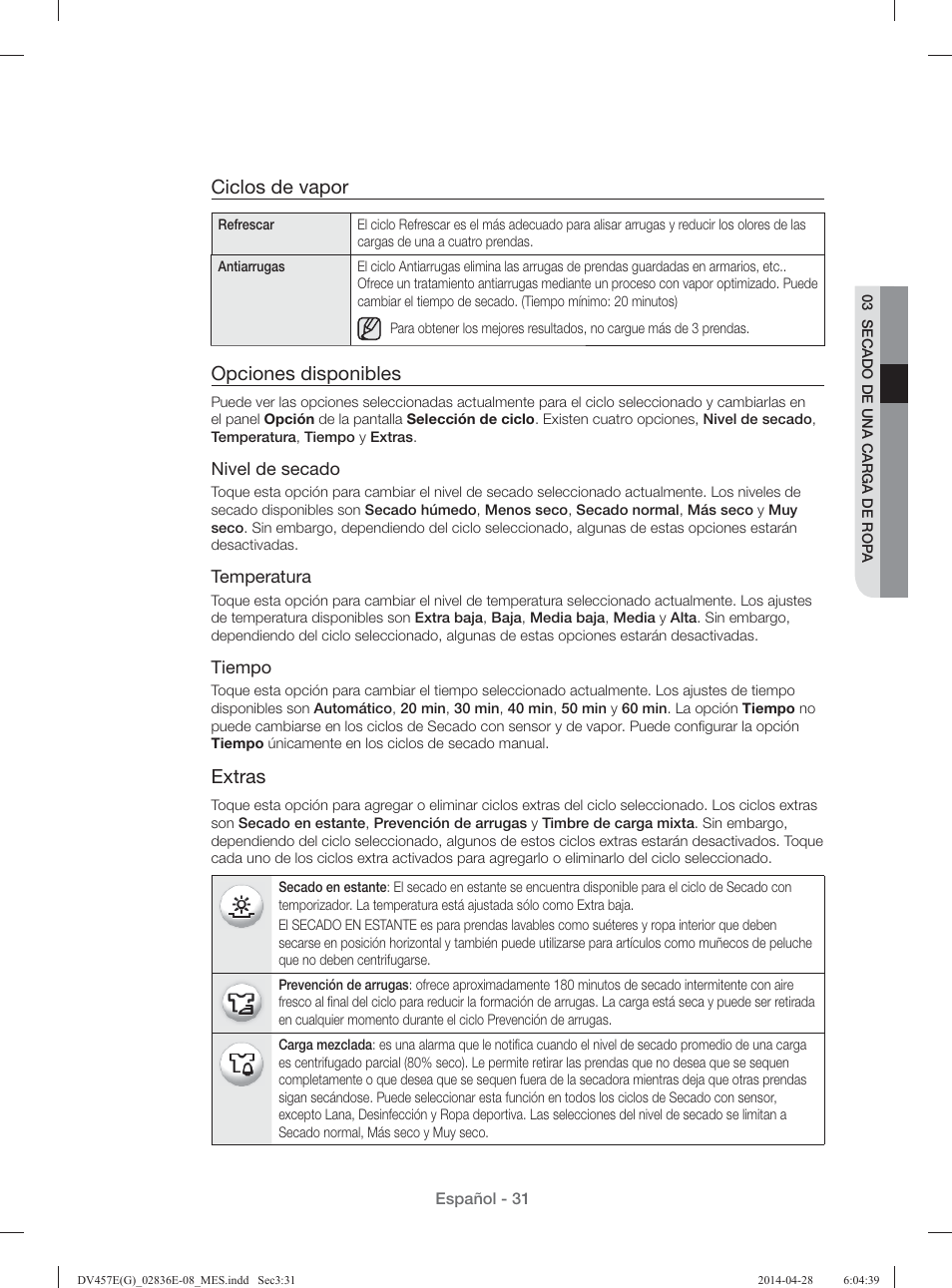 Ciclos de vapor, Opciones disponibles, Extras | Samsung DV457GVGSGR-AA User Manual | Page 183 / 228