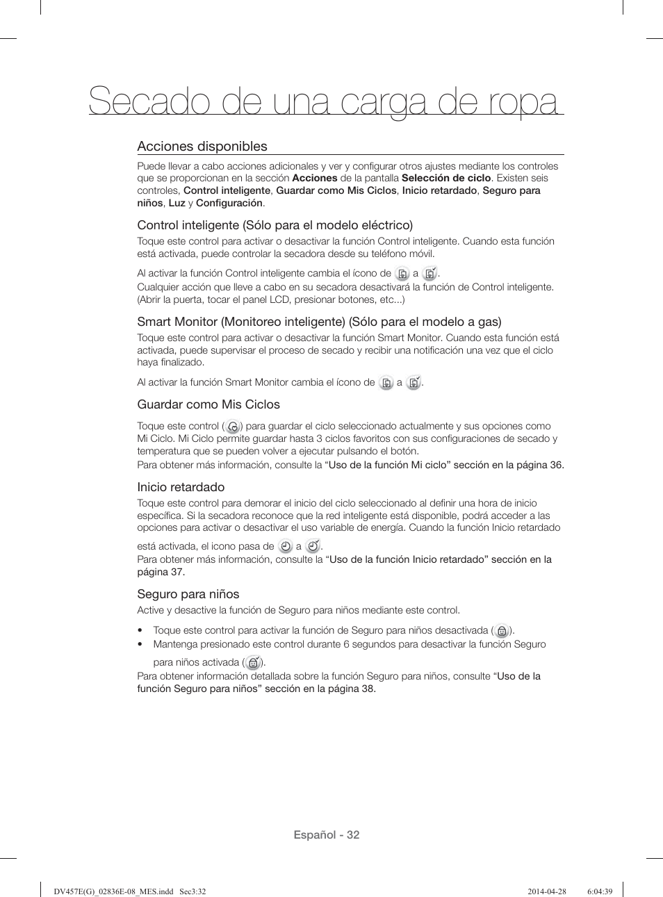 Secado de una carga de ropa, Acciones disponibles | Samsung DV457GVGSGR-AA User Manual | Page 184 / 228