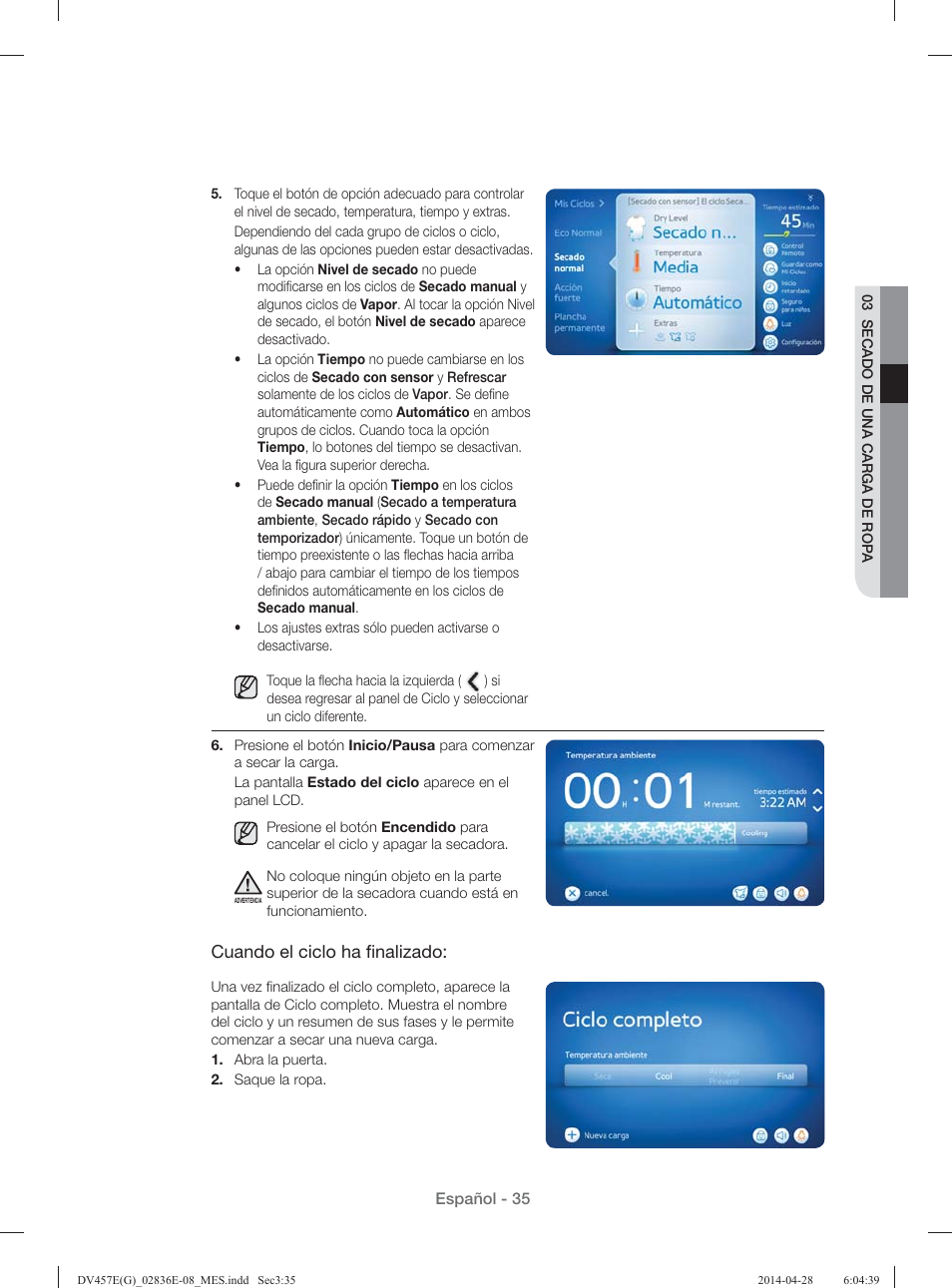 Cuando el ciclo ha ﬁ nalizado | Samsung DV457GVGSGR-AA User Manual | Page 187 / 228