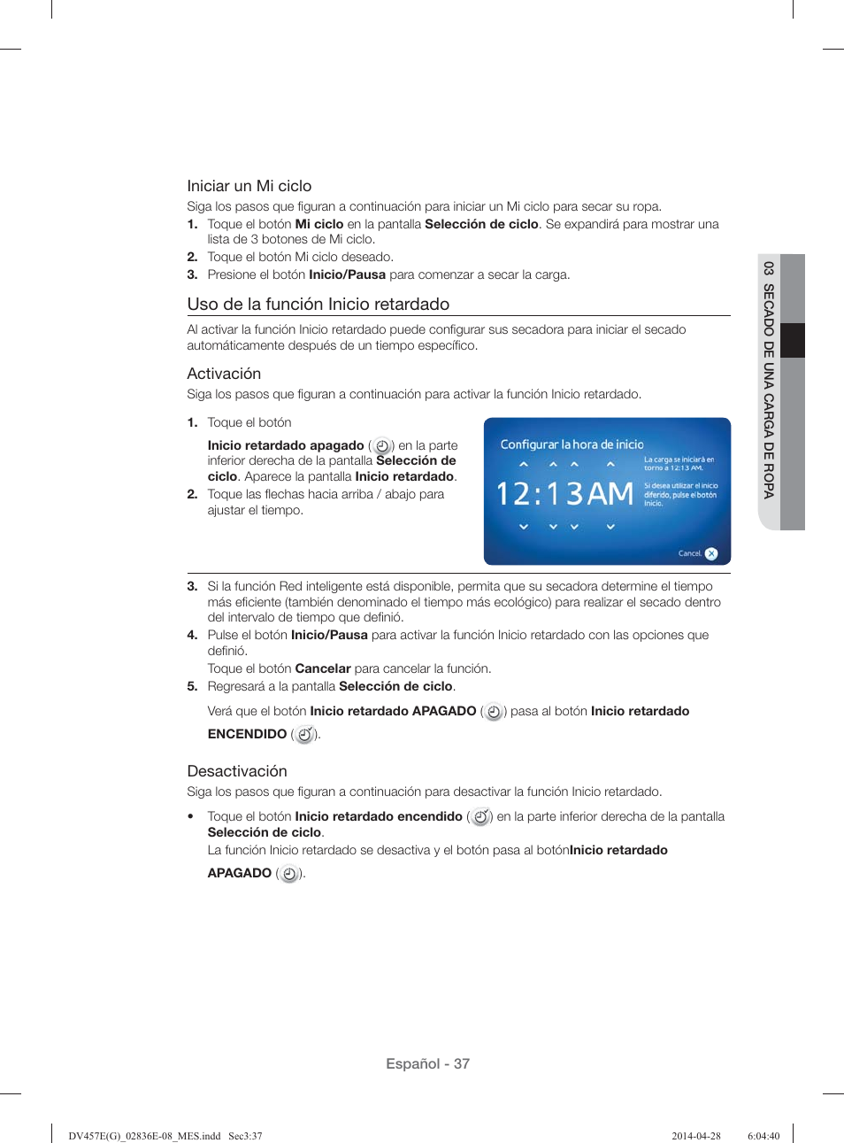 Uso de la función inicio retardado | Samsung DV457GVGSGR-AA User Manual | Page 189 / 228