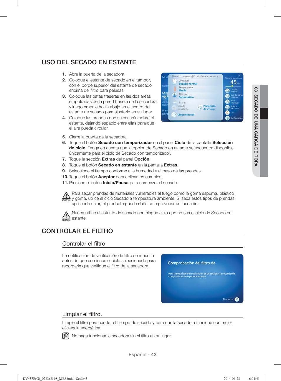 Uso del secado en estante, Controlar el filtro, Controlar el ﬁ ltro | Limpiar el ﬁ ltro | Samsung DV457GVGSGR-AA User Manual | Page 195 / 228