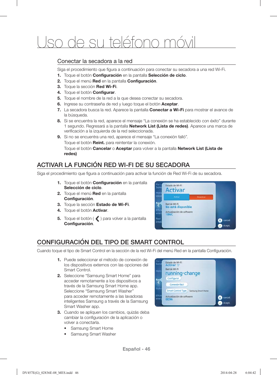 Uso de su teléfono móvil, Activar la función red wi-fi de su secadora, Configuración del tipo de smart control | Conectar la secadora a la red | Samsung DV457GVGSGR-AA User Manual | Page 198 / 228