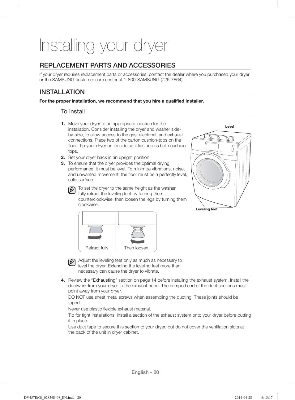 Installing your dryer, Replacement parts and accessories, Installation | Samsung DV457GVGSGR-AA User Manual | Page 20 / 228